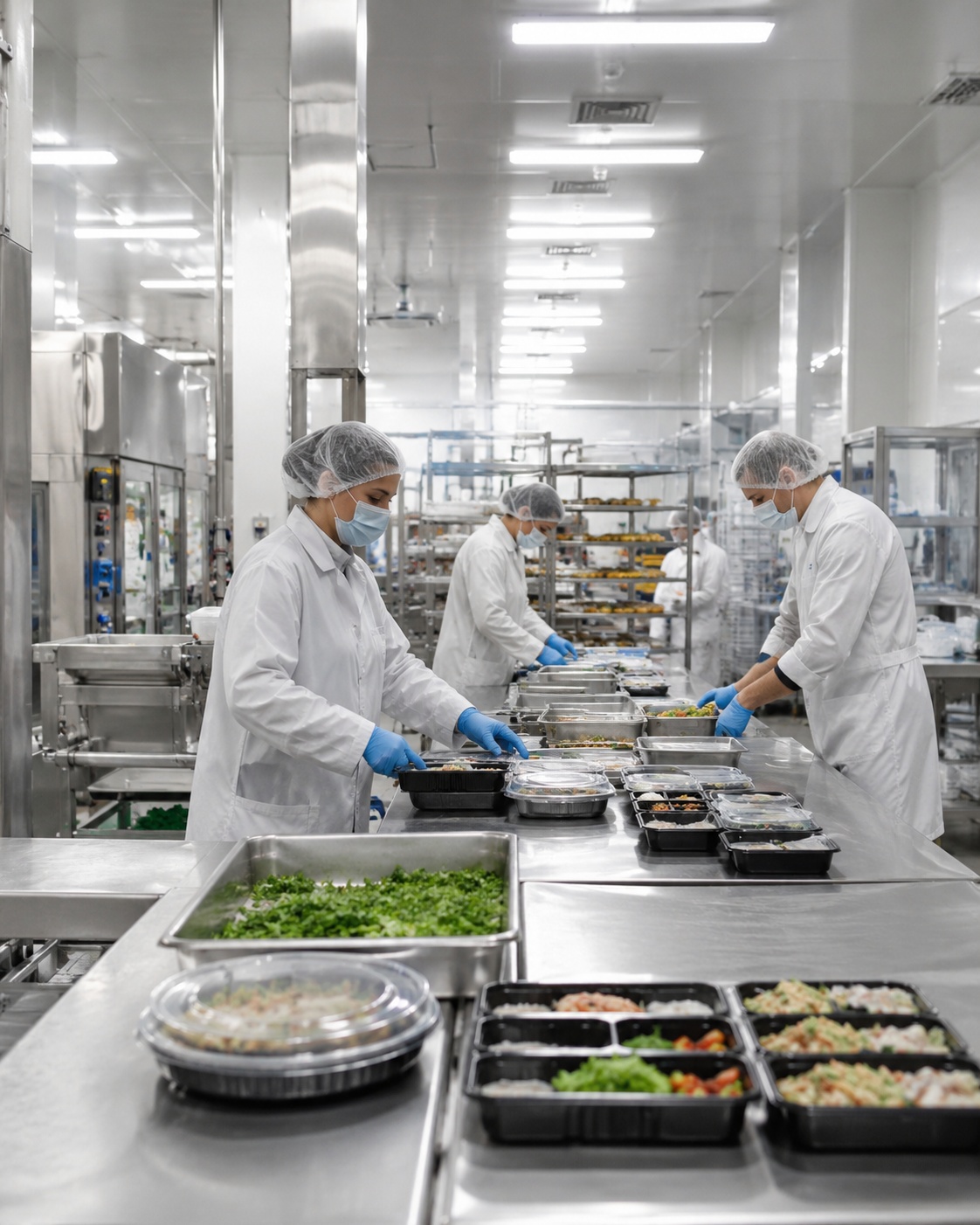 Производственный цех фабрики-кухни: фасовка готовой продукции в санитарной одежде